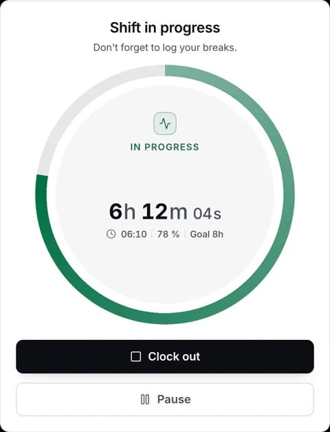 Clock-in card with the shift in progress.