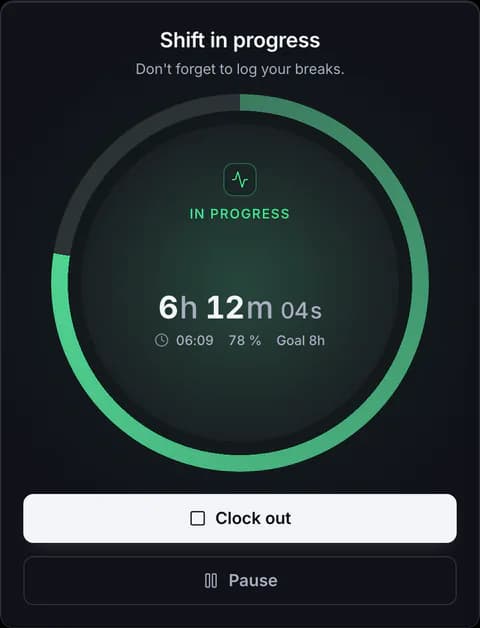 Clock-in card with the shift in progress.