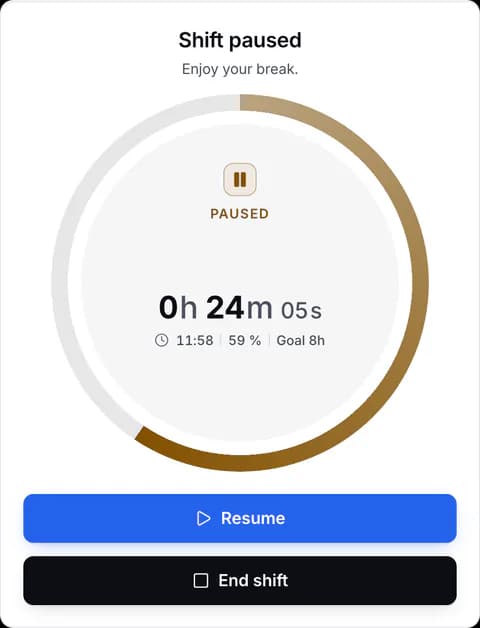 Clock-in card with the shift paused.