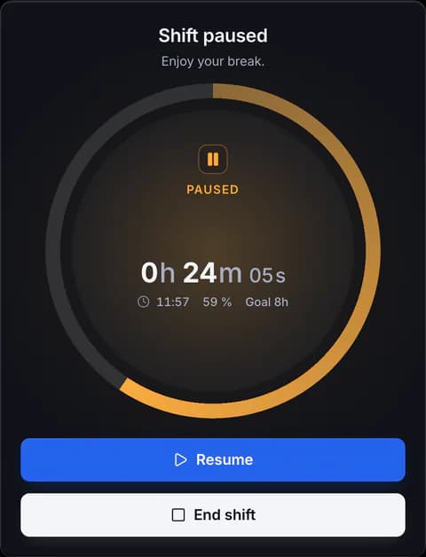 Clock-in card with the shift paused.
