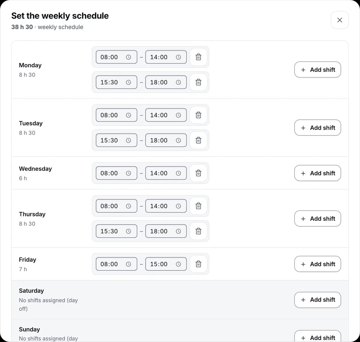 Weekly schedule editor for one person, with their shifts from Monday to Friday.