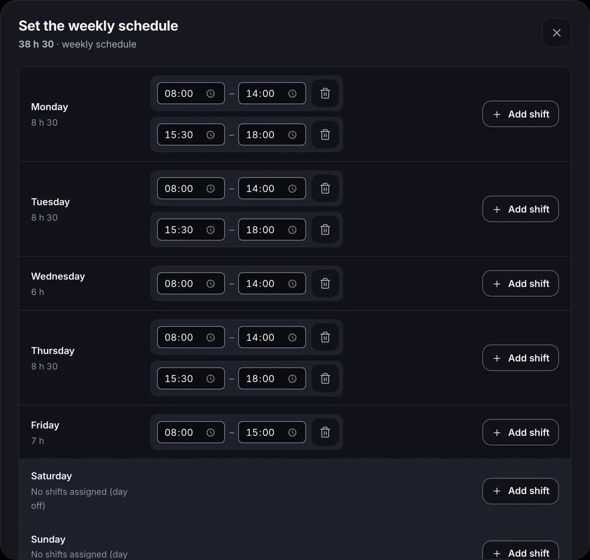 Weekly schedule editor for one person, with their shifts from Monday to Friday.