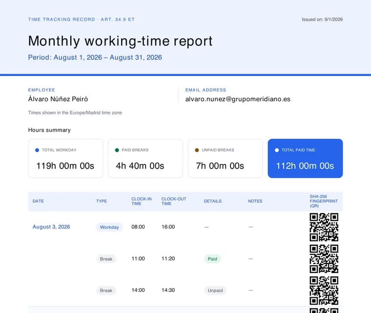First page of a monthly working-time report in PDF, with a QR code on each clock-in.