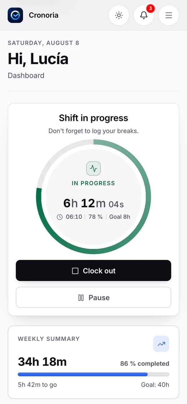 The same dashboard on a phone, with the buttons to clock out and pause.