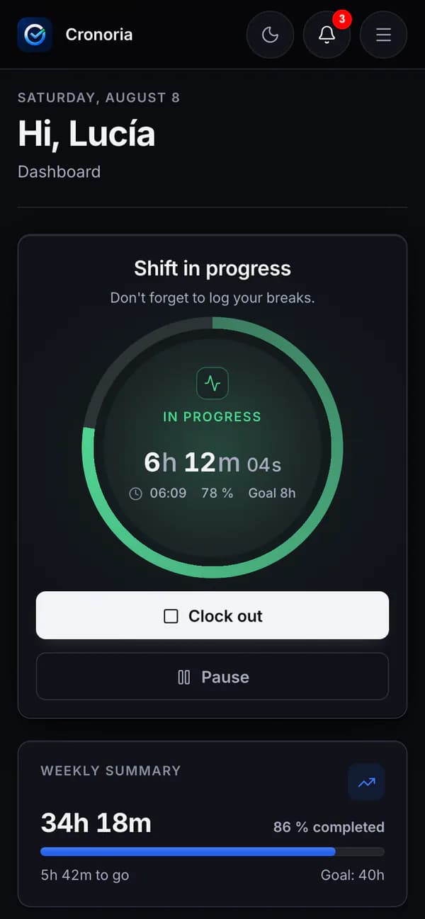 The same dashboard on a phone, with the buttons to clock out and pause.