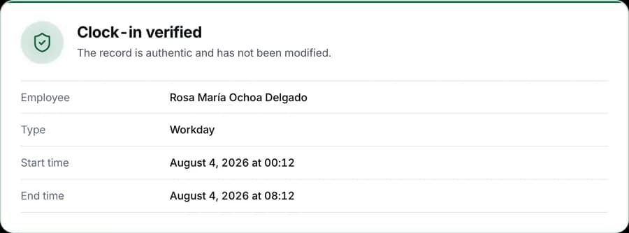 Verification of a clock-in: the record is authentic and has not been modified.